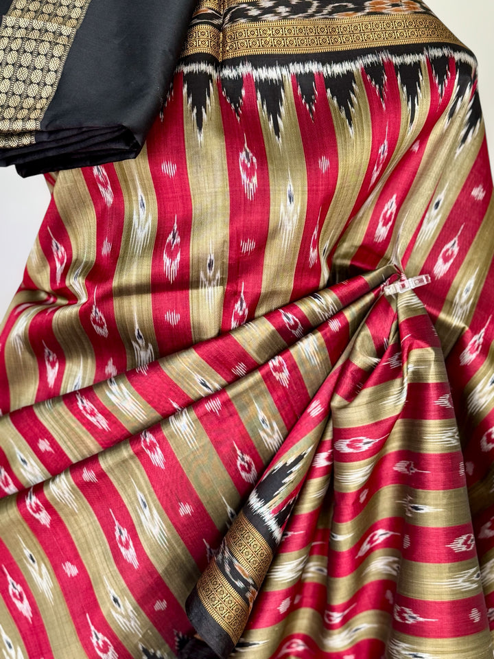 Maroon Beige Chandrika in striped body Contemporary Ikat Pure Silk Saree|Odisha Weaves|Mishrita
