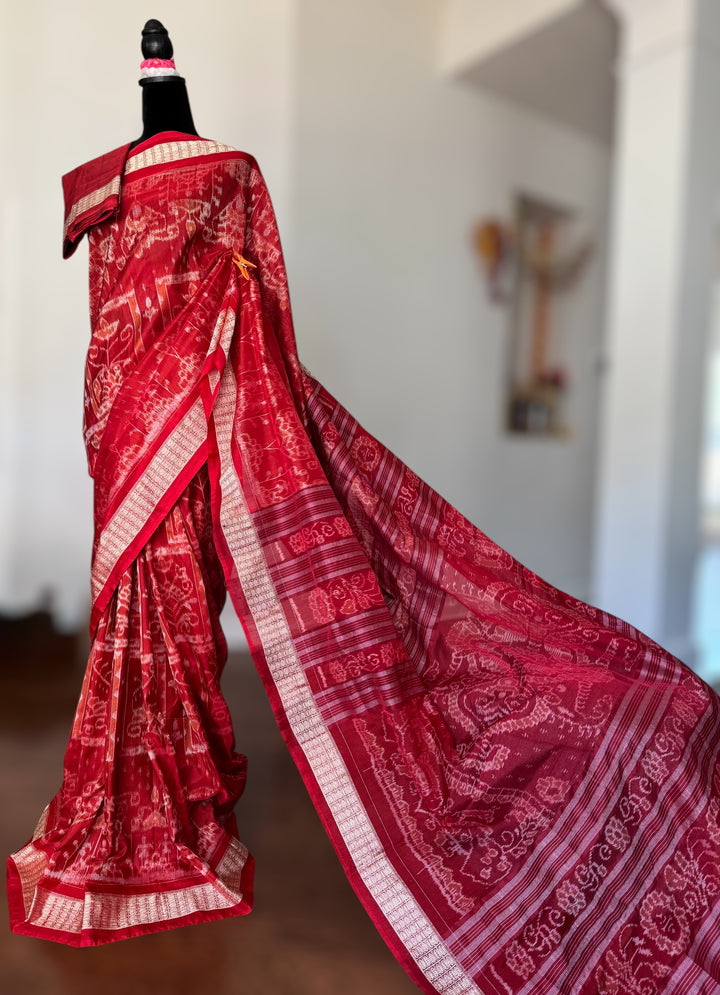 Dark Coral Red handwoven Sambalpuri Ikat Silk saree |Odisha Weaves