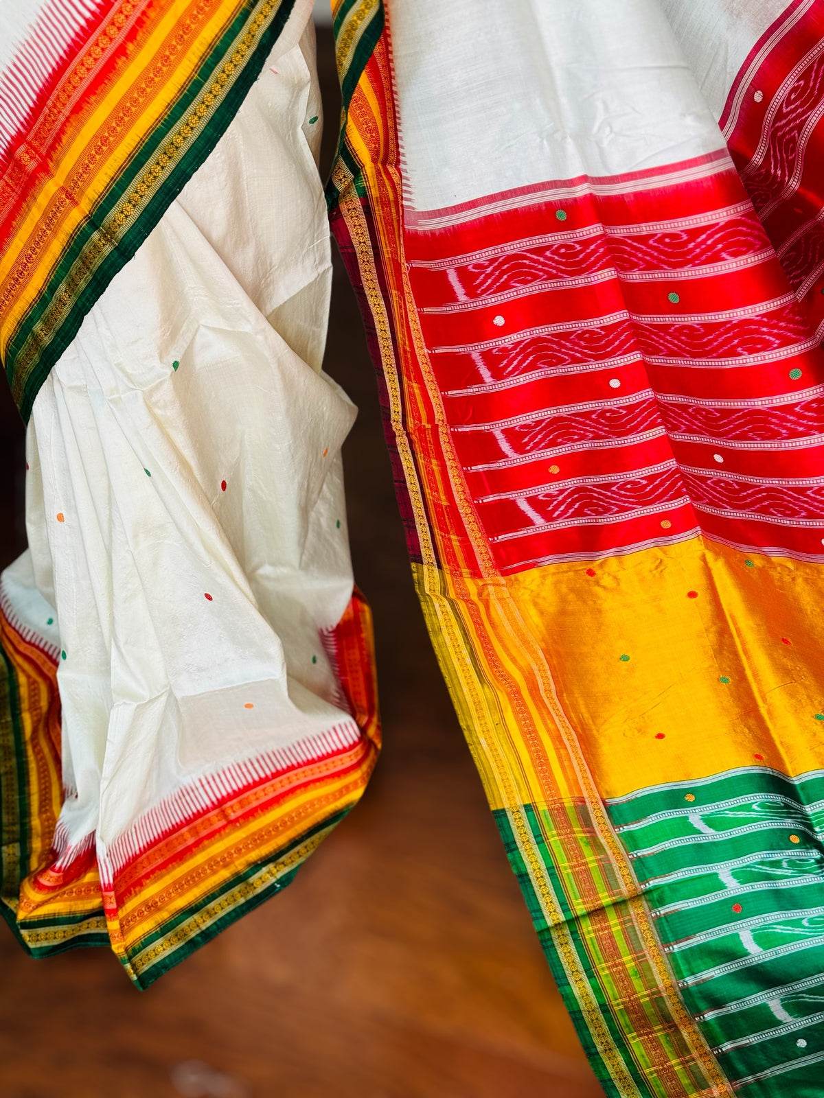 White kathiphera pure silk saree in red,yellow, green border and pallu | Khandua Ikat |Odisha Weaves