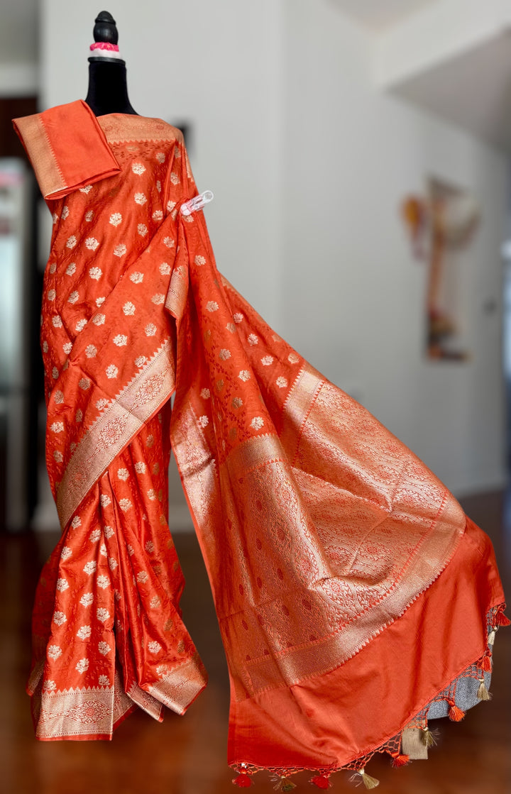 Banarasi Semi Mashru Silk Orange color Saree|Value Vogue