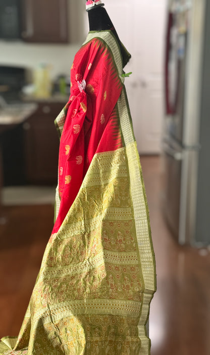 Red with mehendi green elephant motif Exclusive Bomkai pure silk Saree