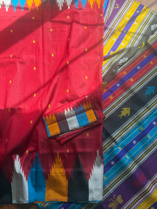 Maroon Berhampuri Pure Silk Saree with multi color Double pallu