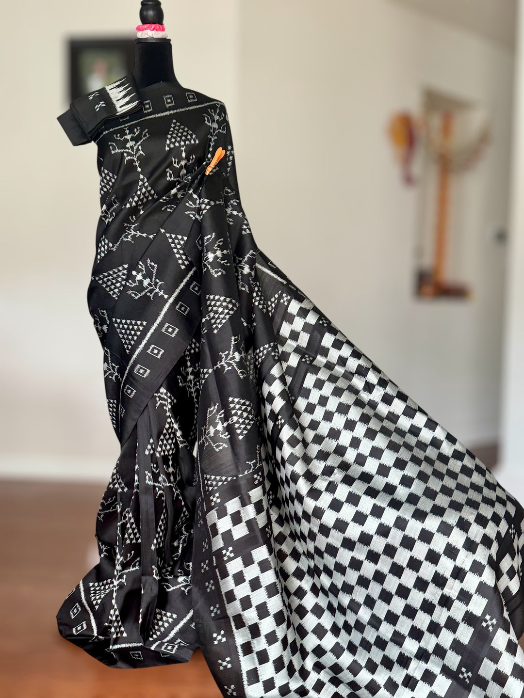 Handwoven Black contemporary ikat Silk Saree from Odisha|Mishrita