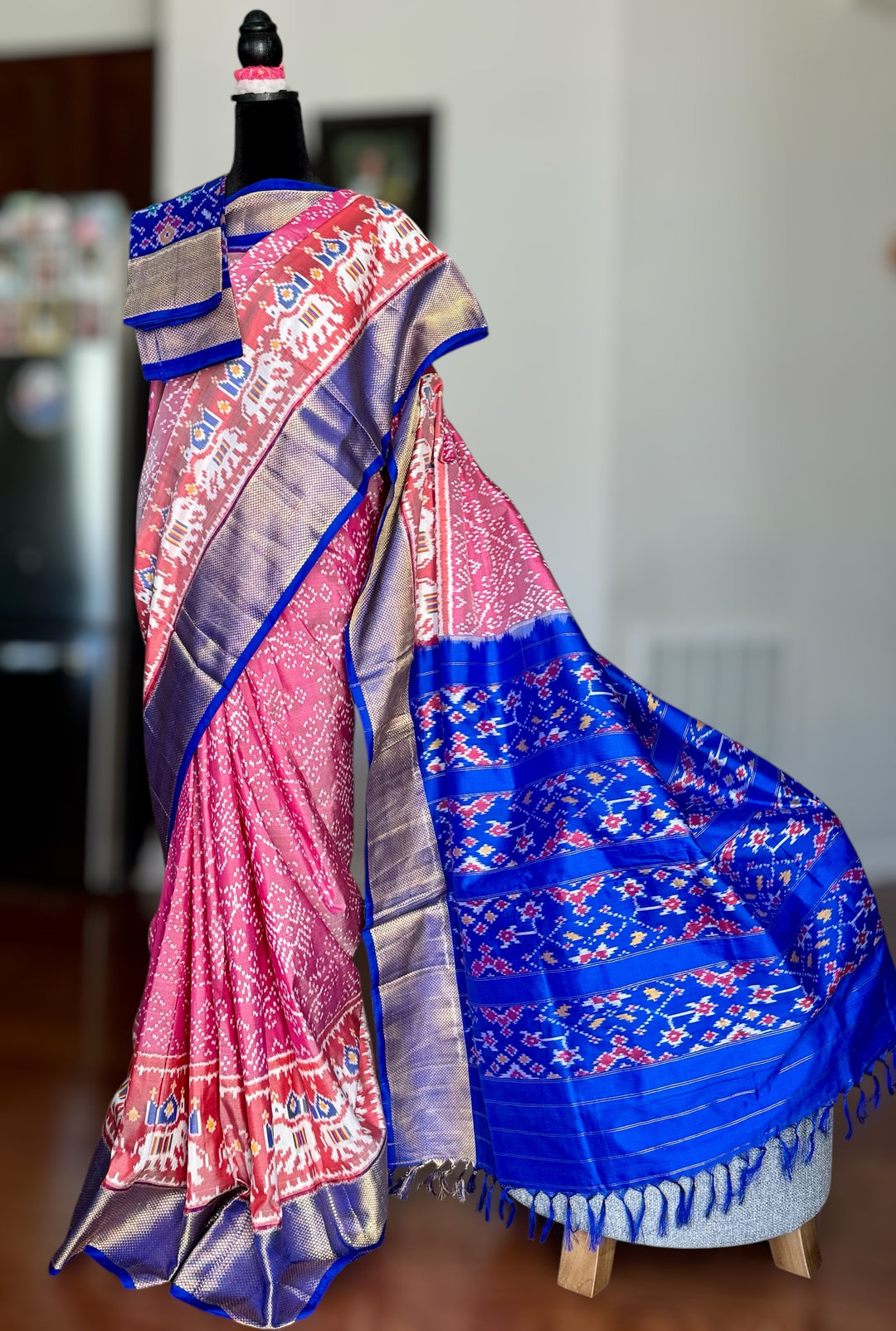 Shot pink Pochampally ikat pure silk saree