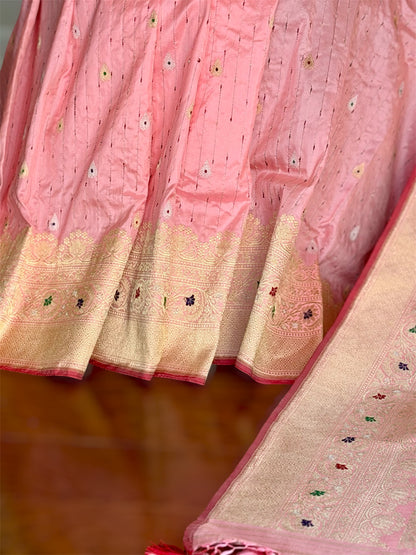 Luxurious Light Peach handwoven pure silk saree with Kadhwa, meenakari work
