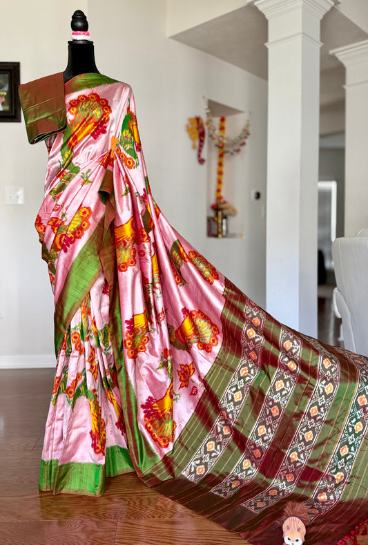 Light pink and green combination Pochampally handwoven ikat pure silk saree with peacock motif