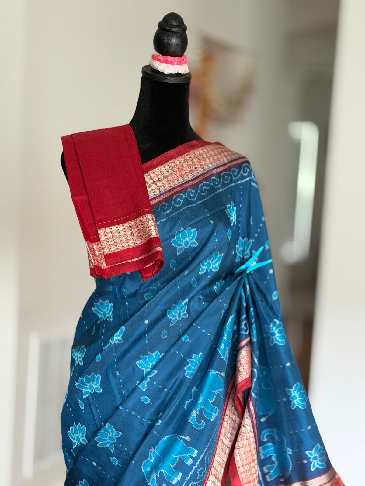 Teal blue and maroon handwoven Sambalpuri thousand motif pure Ikkat silk saree | Odisha Weaves