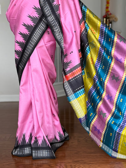 Onion pink traditional weaving Berhampuri colorful Single pallu Pure Silk Saree