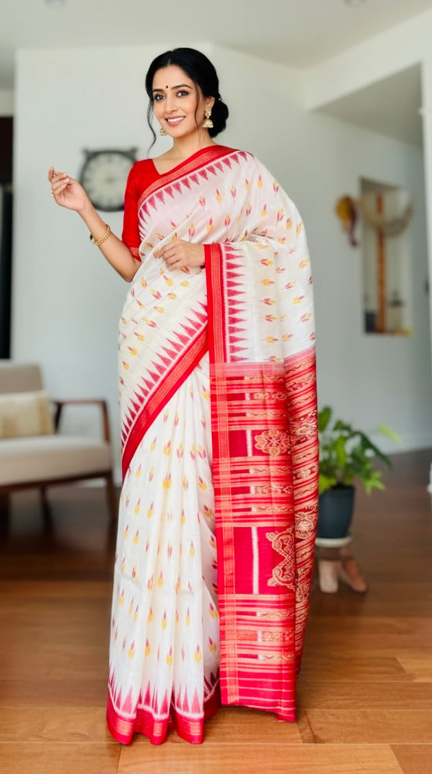 Flower bud design Handwoven Pure Silk ikat Khandua Saree White-Red|Odisha Weaves