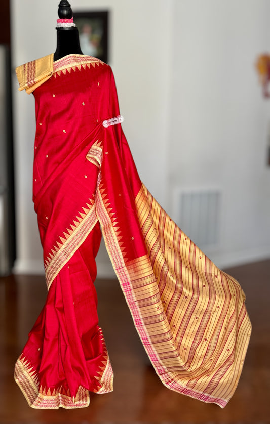 Red Berhampuri Single pallu handwoven  Pure Silk Saree
