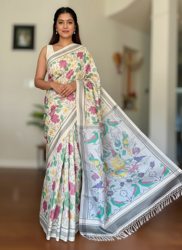 White color semi (double) ikat patan Patola pure silk saree