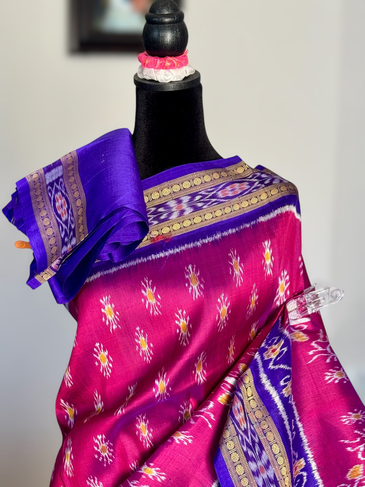 Magenta traditional ikat Khandua handwoven pure silk saree|Odisha Weaves