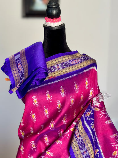 Magenta traditional ikat Khandua handwoven pure silk saree|Odisha Weaves