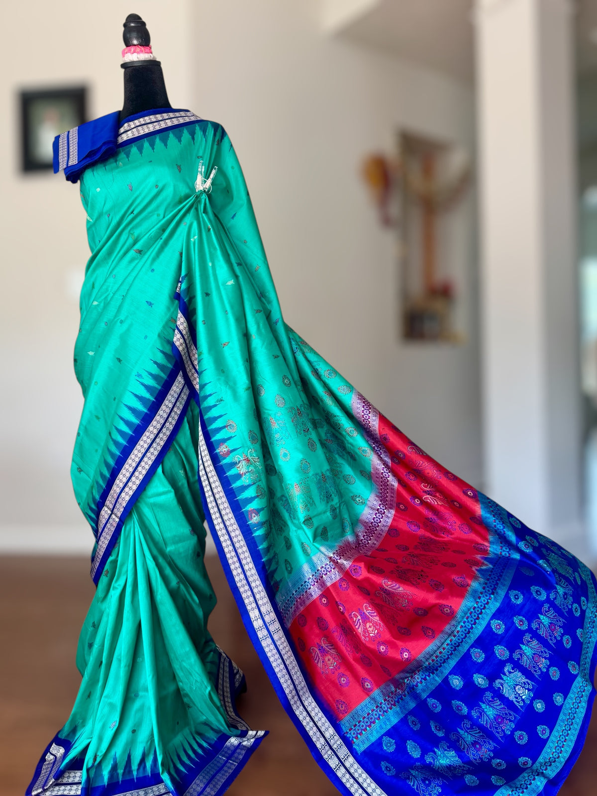 Aquamarine and blue combination master woven Bomkai pure silk saree | Odisha Weaves
