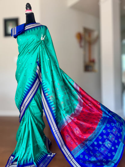 Aquamarine and blue combination master woven Bomkai pure silk saree | Odisha Weaves
