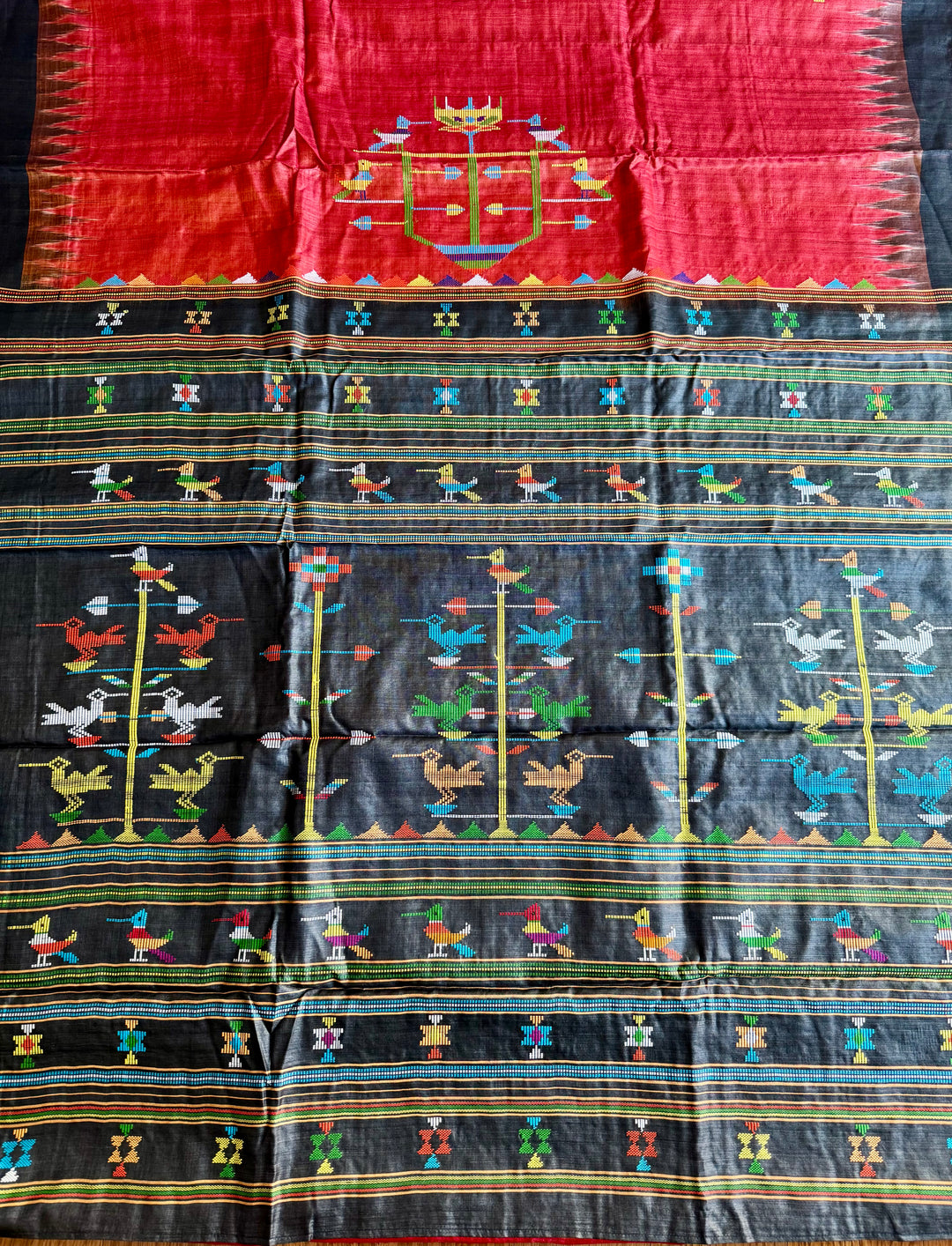 Orangish red Gopalpur Handwoven Tussar Saree with Ganjam Bomkai Pallu - Traditional Indian Saree|Odisha weaves