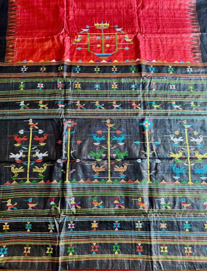 Orangish red Gopalpur Handwoven Tussar Saree with Ganjam Bomkai Pallu - Traditional Indian Saree|Odisha weaves