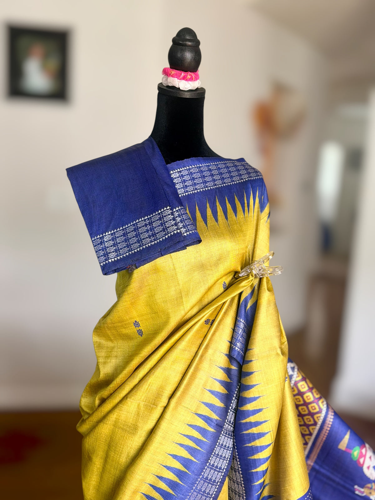 Boita theme handwoven pure Tussar silk saree in greenish yellow and blue color