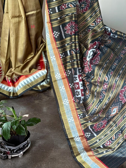 Ikat Khandua Pure Silk Saree from Odisha weaves in a sandy brown color