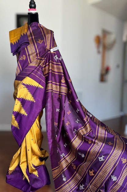 Mustard with purple combination Berhampuri Double Pallu pure silk saree