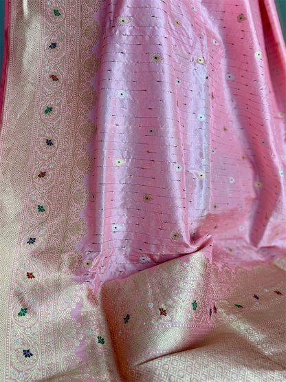 Luxurious Light Peach handwoven pure silk saree with Kadhwa, meenakari work