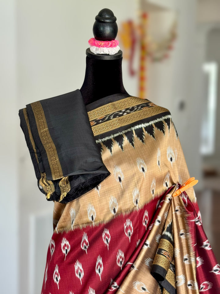 Maroon Beige Chandrika body Contemporary Ikat Pure Silk Saree|Odisha Weaves|Mishrita