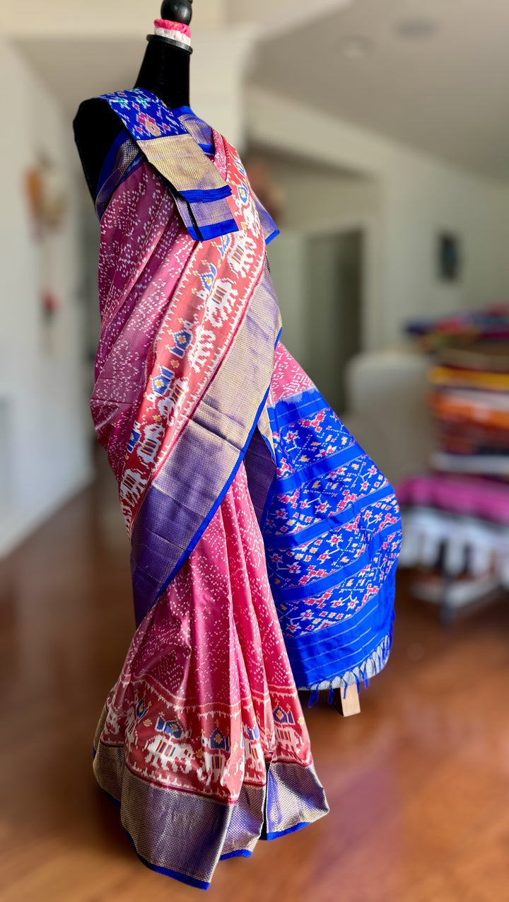 Shot pink Pochampally ikat pure silk saree