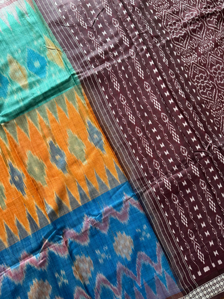 Multi colored Gopalpur handwoven pure Tussar silk saree with ikat pallu|Odisha weaves