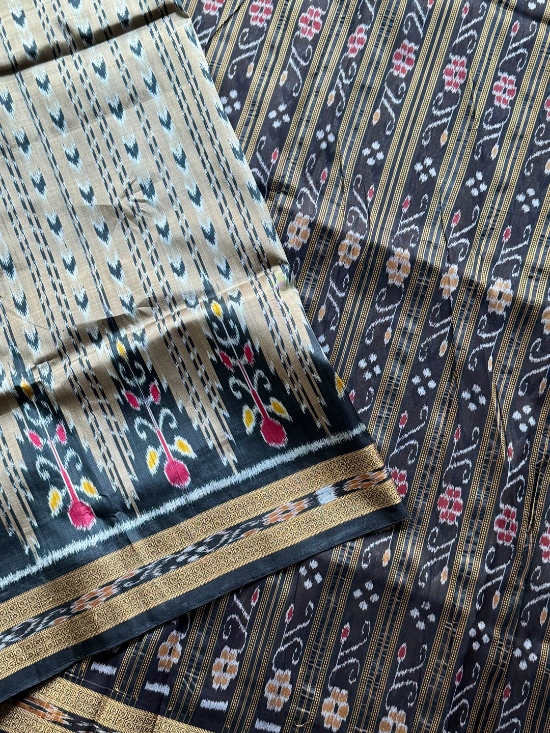 Handwoven Pure Silk ikat Khandua Saree Beige-Gold|Mishrita |Odisha Weaves