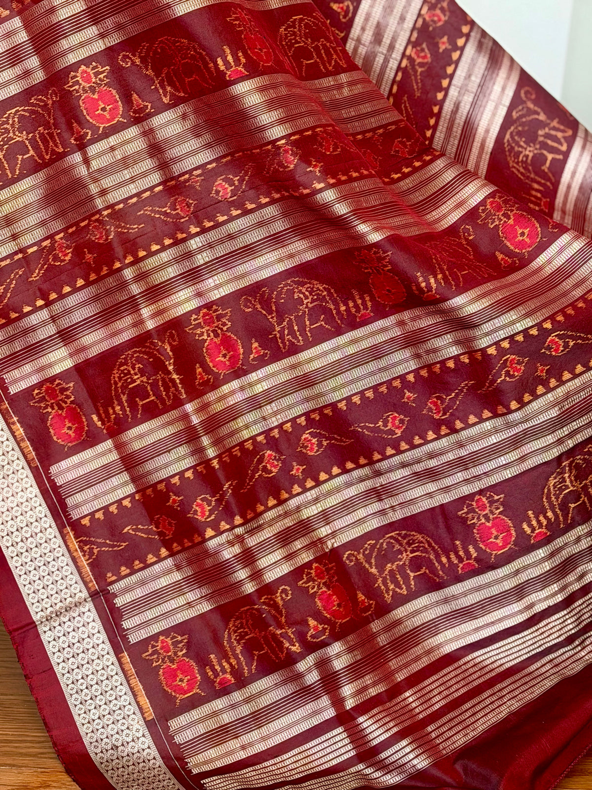 Blue & Maroon Sambalpuri Handwoven Ikat Elephant Motif pure silk Saree | Odisha weaves