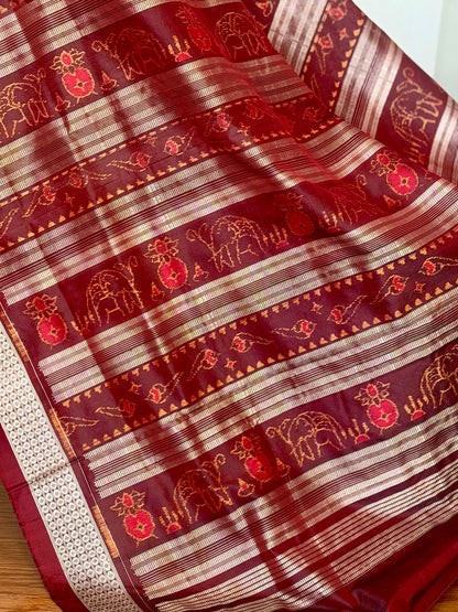 Blue & Maroon Sambalpuri Handwoven Ikat Elephant Motif pure silk Saree | Odisha weaves