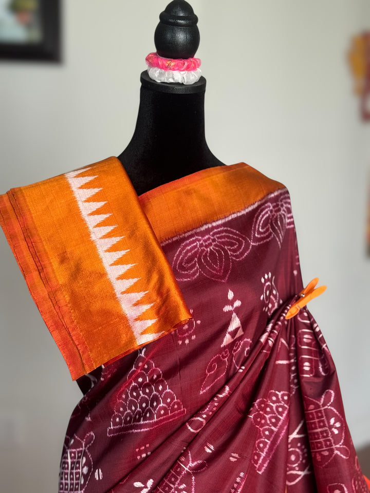 Maroon with orange yellow color handwoven Chita patterned ikat pure silk saree|Odisha Weaves|Contemporary Ikat