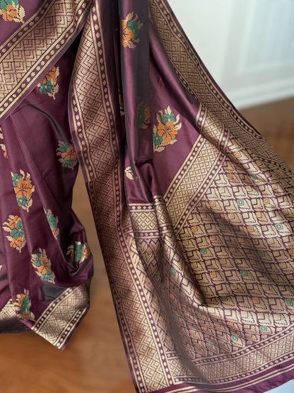 Plum color designer weaved and textured saree with stitched blouse| Value Vogue