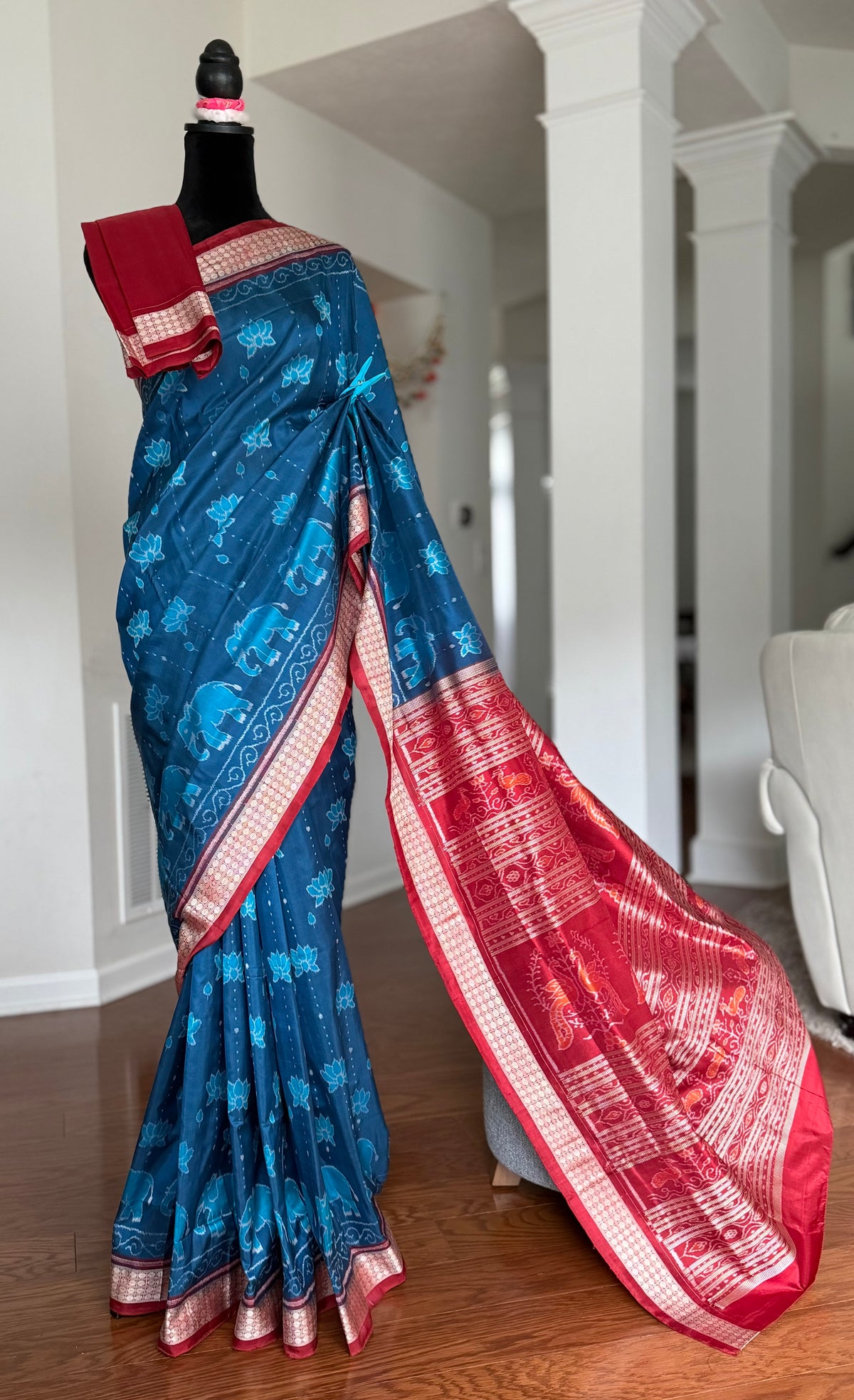 Teal blue and maroon handwoven Sambalpuri thousand motif pure Ikkat silk saree | Odisha Weaves
