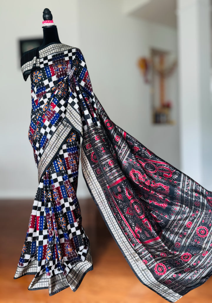 Handwoven Utkal Laxmi Sambalpuri ikat pure silk saree, Maroon Ikat pallu|Odisha Weaves|