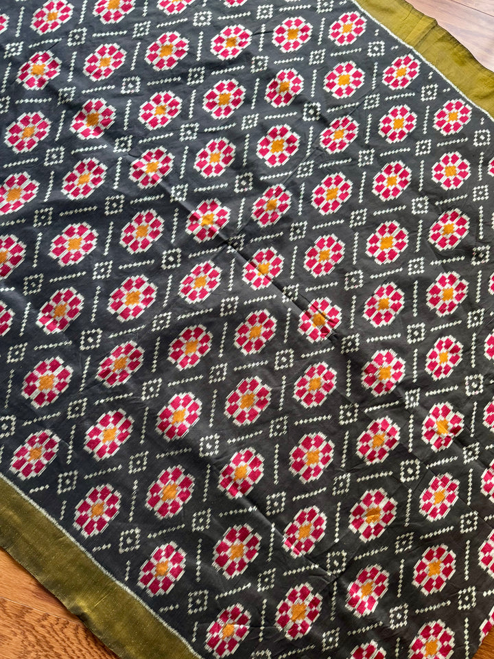 Black color handwoven ikat pure silk saree with Baghambari motif|Odisha Weaves|Contemporary Ikat|