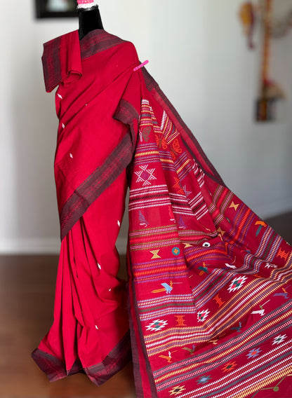 Maroon-ish Red Original Ganjam Bomkai Cotton Saree from Odisha Weaves