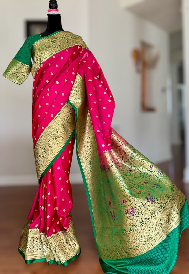 Pink Handloom Banarasi Silk Saree With Stitched Blouse