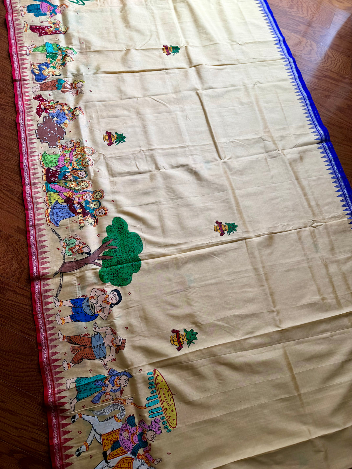 Warm pale yellow Odia Vivaha Pattachitra Berhampuri Pure Silk Saree – Ganga Jamuna Border