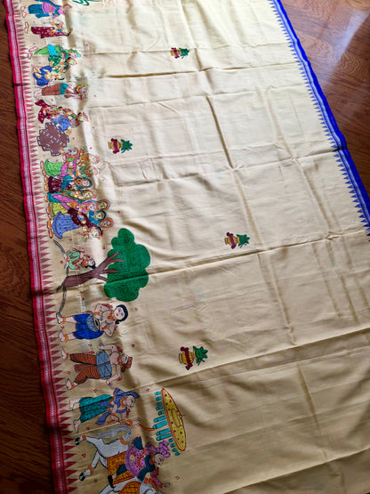 Warm pale yellow Odia Vivaha Pattachitra Berhampuri Pure Silk Saree – Ganga Jamuna Border