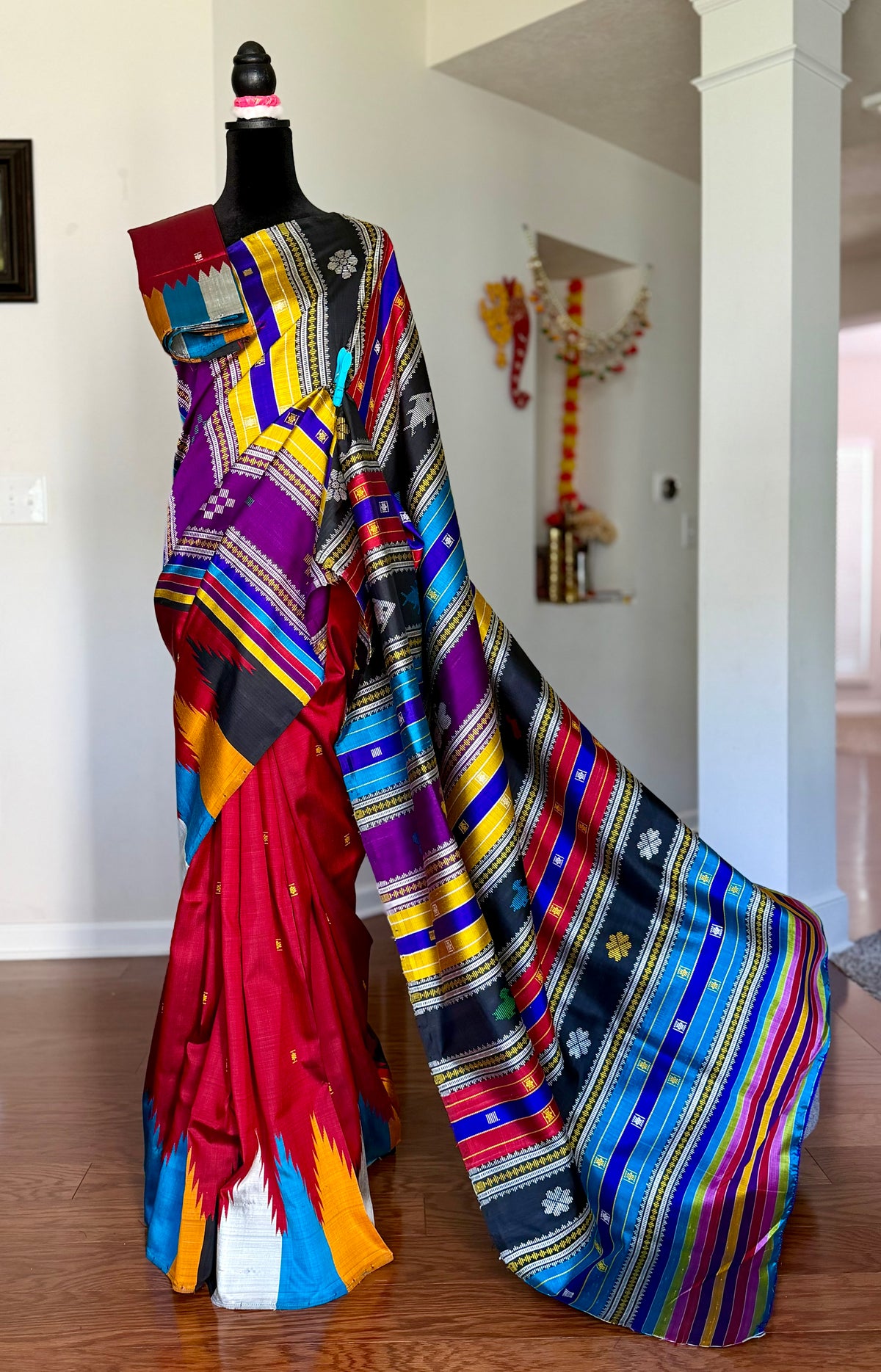 Maroon Berhampuri Pure Silk Saree with multi color Double pallu