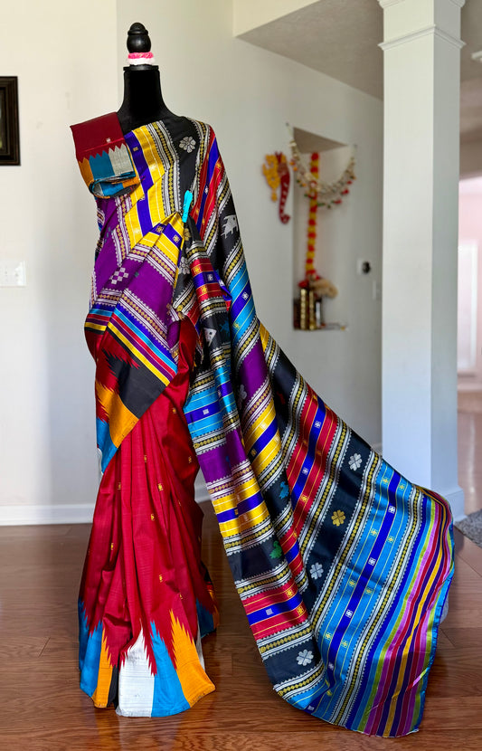 Maroon Berhampuri Pure Silk Saree with multi color Double pallu