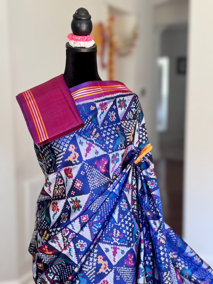Blue color semi (double) ikat patan Patola pure silk saree