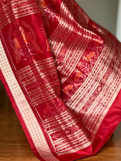 Teal blue and maroon handwoven Sambalpuri thousand motif pure Ikkat silk saree | Odisha Weaves