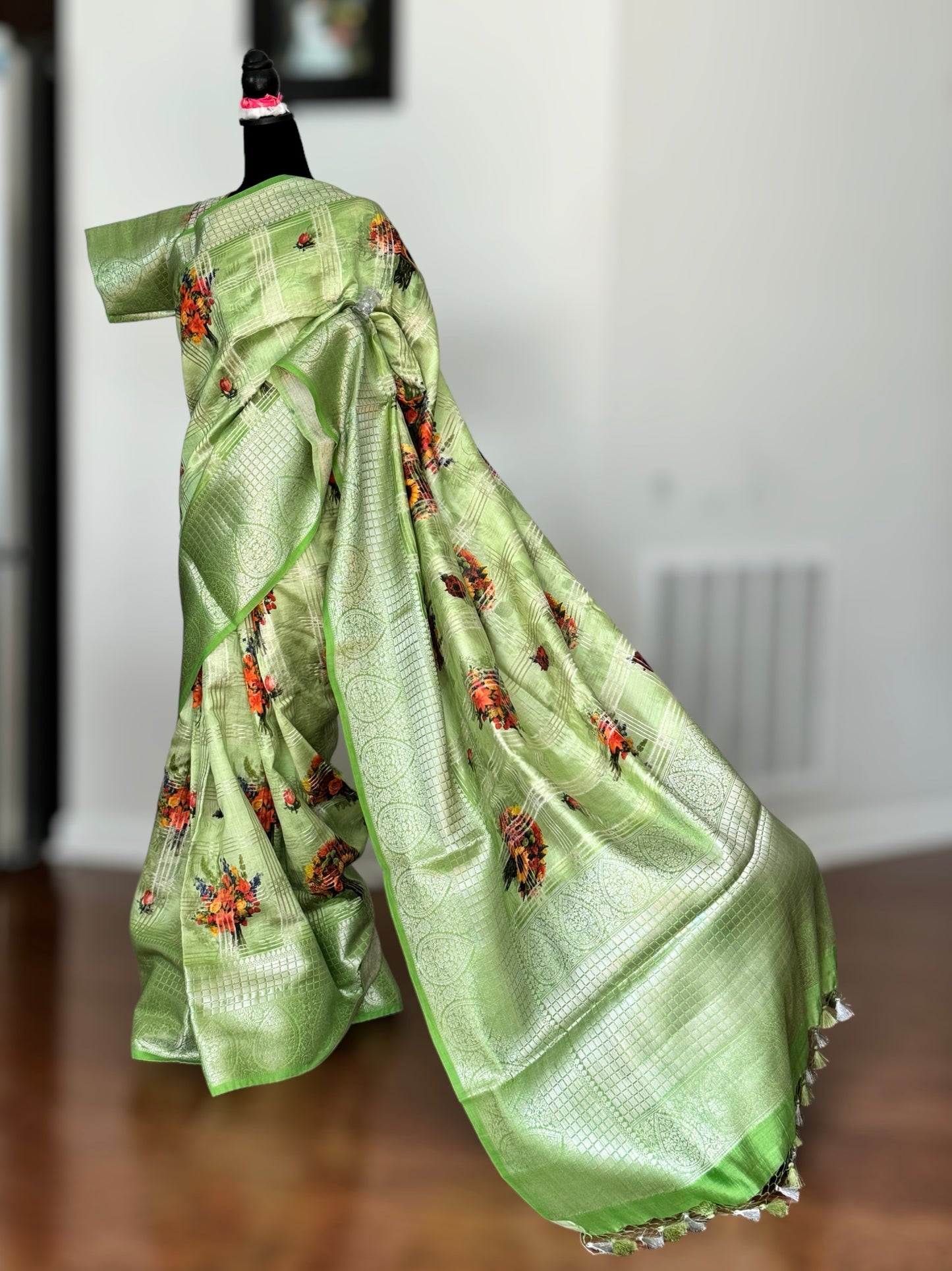 Beautiful Green color powerloom made banarasi pure silk saree with digital flower print and stitched blouse| Value Vogue