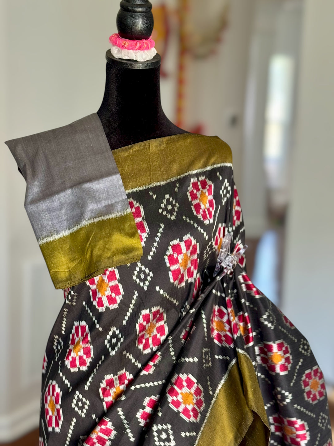 Black color handwoven ikat pure silk saree with Baghambari motif|Odisha Weaves|Contemporary Ikat|