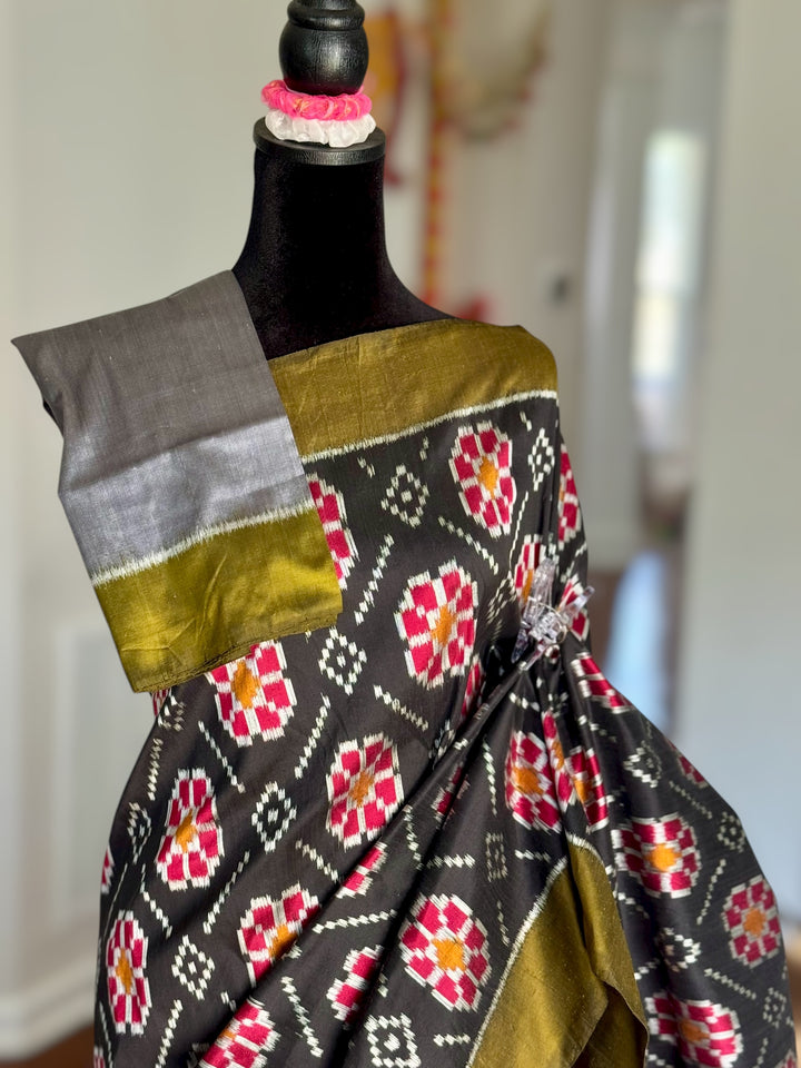 Black color handwoven ikat pure silk saree with Baghambari motif|Odisha Weaves|Contemporary Ikat|