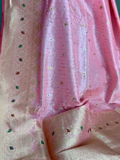 Luxurious Light Peach handwoven pure silk saree with Kadhwa, meenakari work