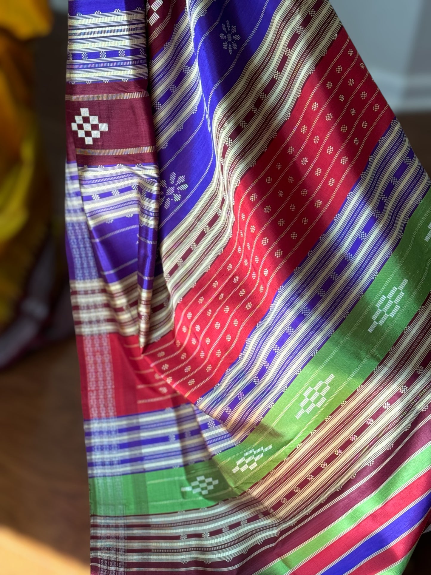 Mustard with brown combination Berhampuri Pure Silk Saree with Colorful double pallu