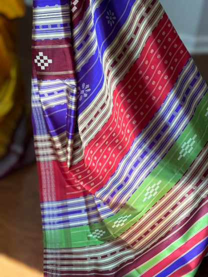 Mustard with brown combination Berhampuri Pure Silk Saree with Colorful double pallu